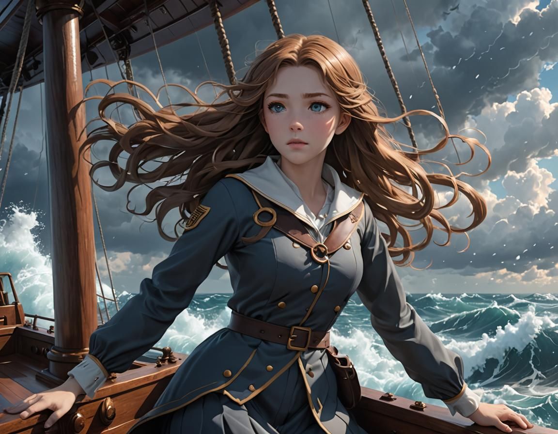 Anime Girl Battles Stormy Seas in 3D Render