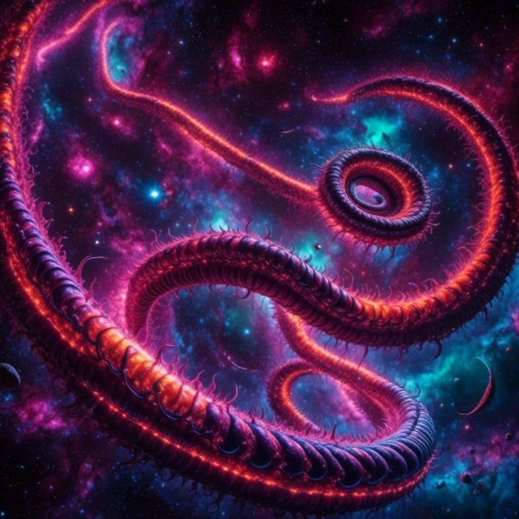 Neon Cosmic Worms Floating Through the Cosmos