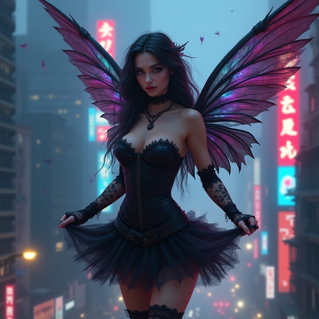 Gothic Fairy Soaring Over Neon Cityscape