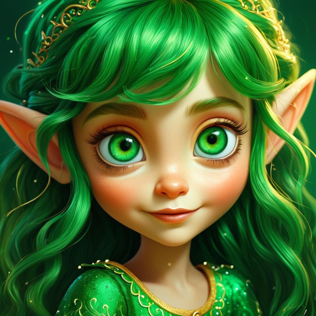 Green-Eyed Elf Portrait in Whimsical Style