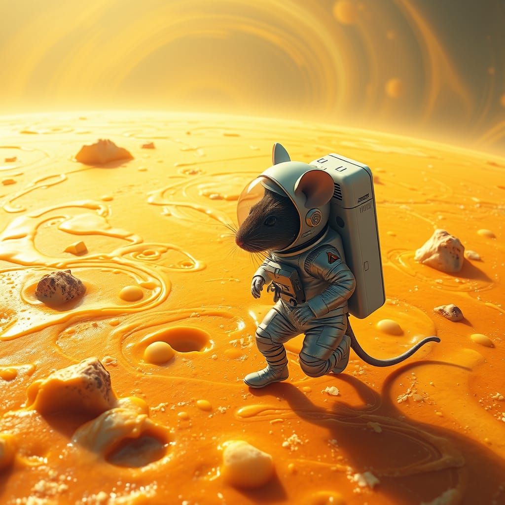 Mouse Astronaut on Planet Cheese, Retro-Futuristic Art
