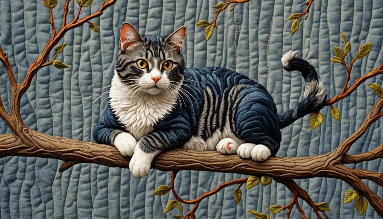 Hyperrealistic Denim Quilted Cat on Branch