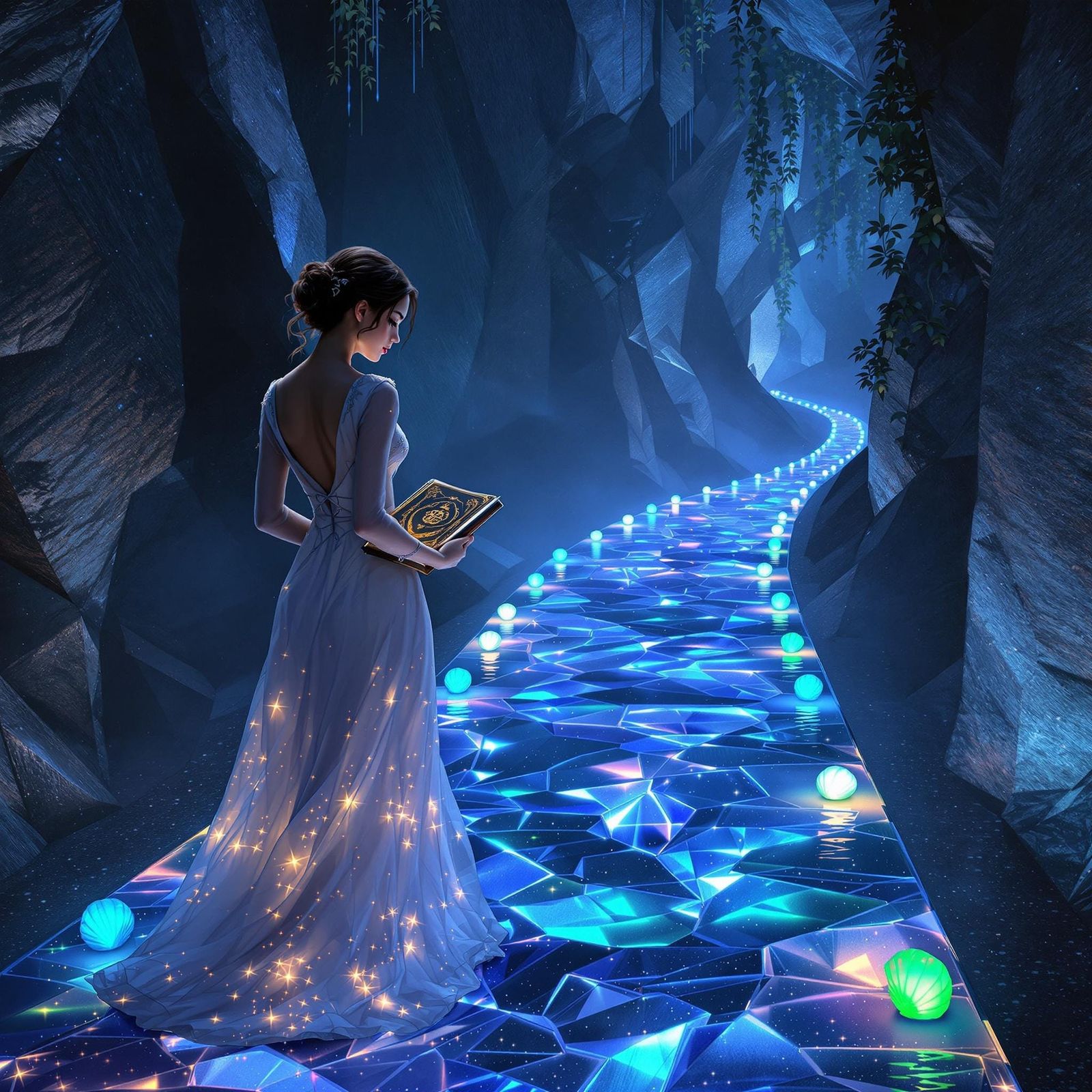 Ethereal Woman Walks Glowing Fantasy Pathway