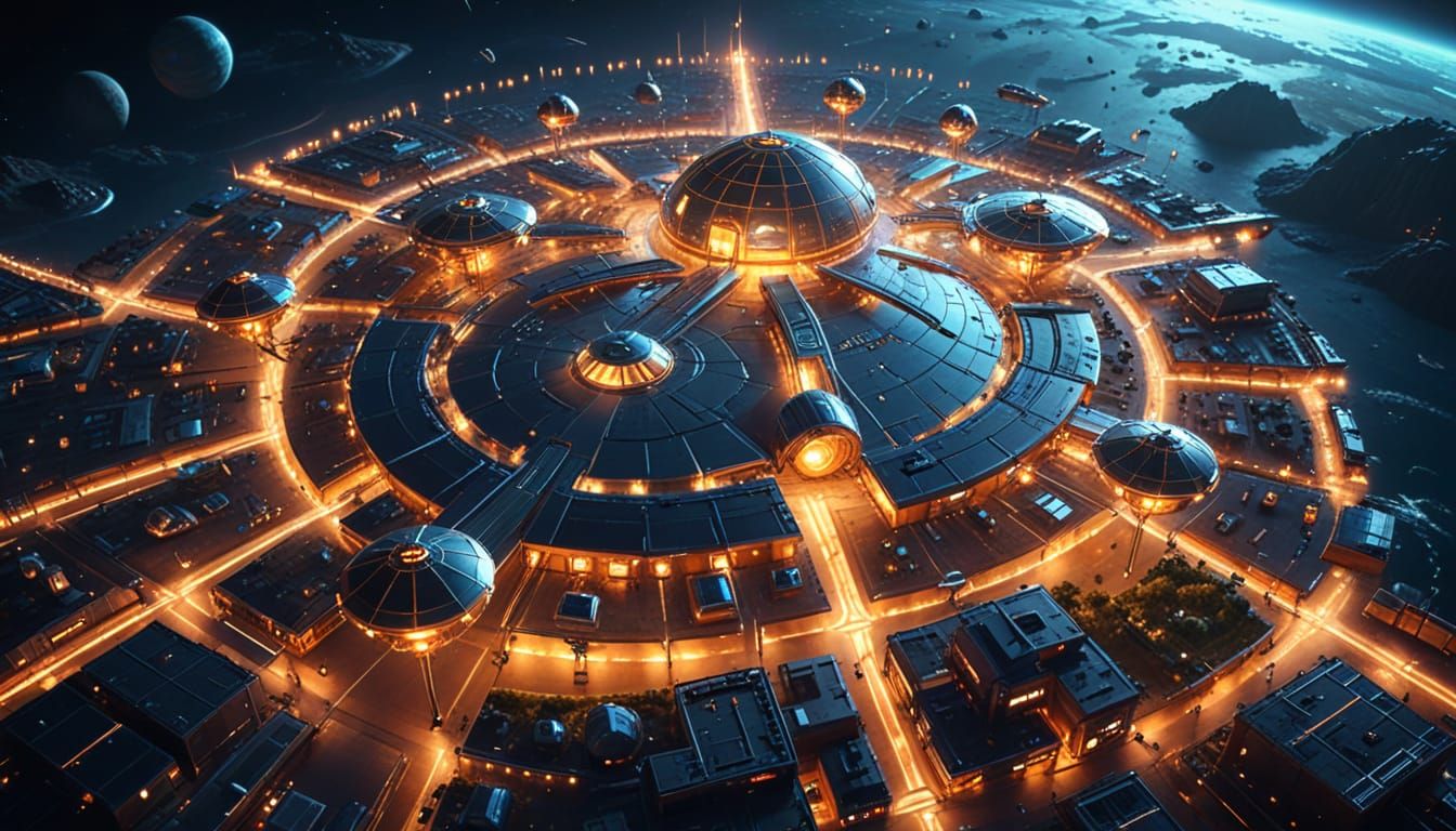 Futuristic Spaceport with Neon Lights in Orbit