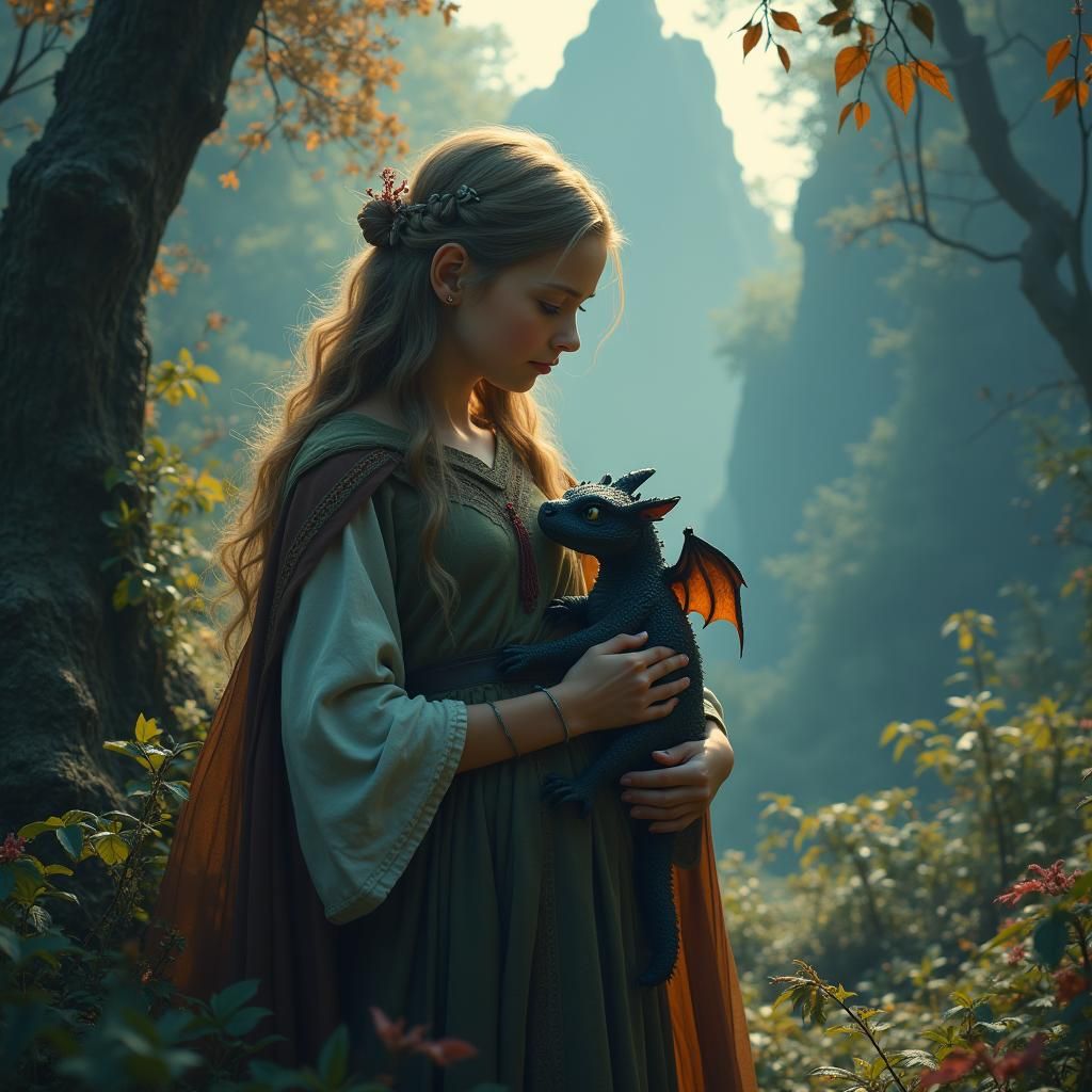 Girl and Dragon Cub in Mystical Landscape