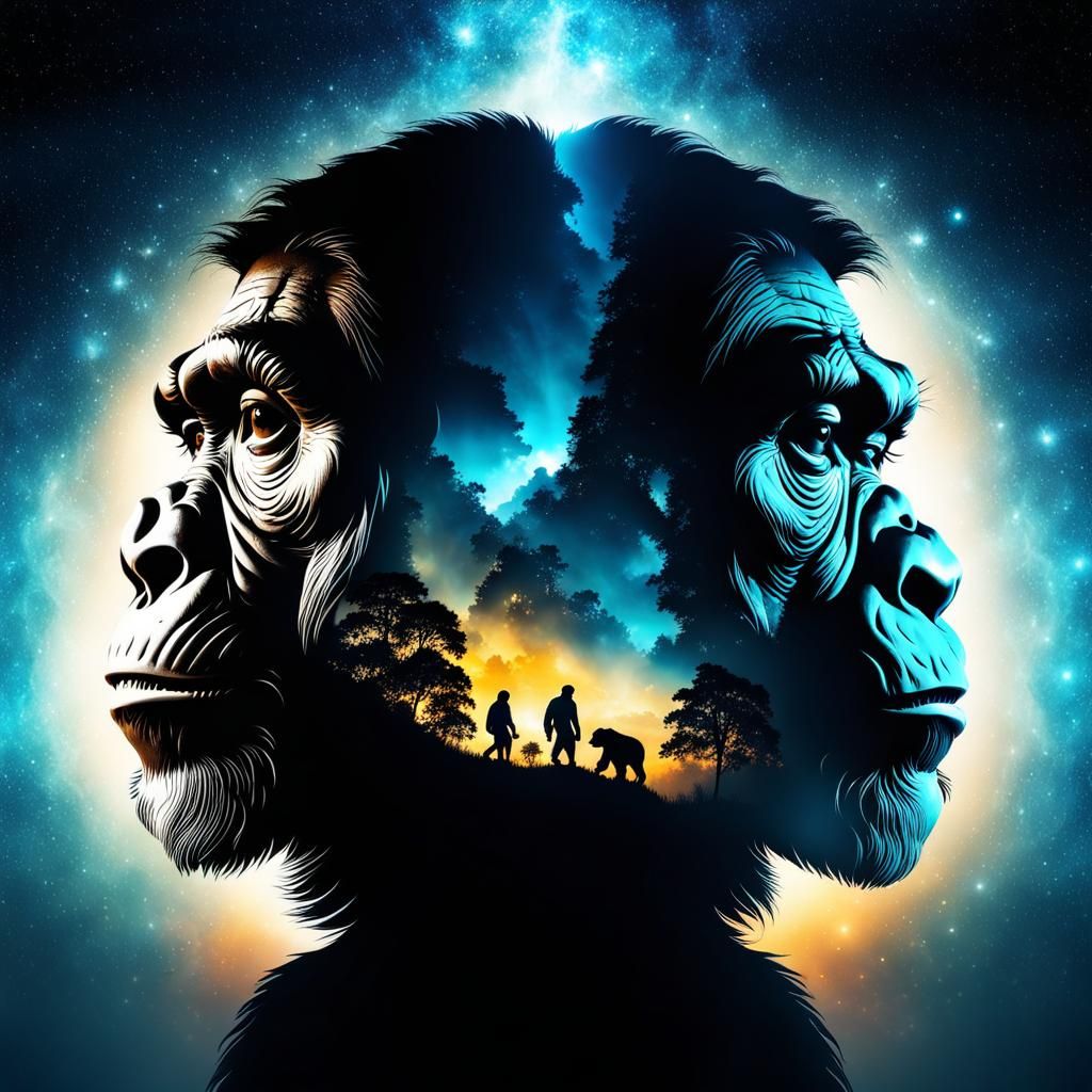 Ethereal Double Exposure: Chimpanzee and Human Silhouette