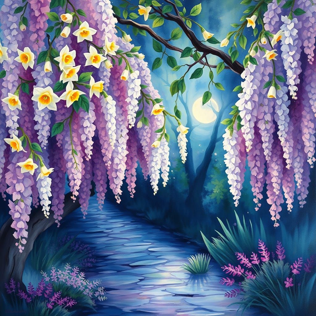 Impressionist Gouache Painting of Wisteria and Daffodils