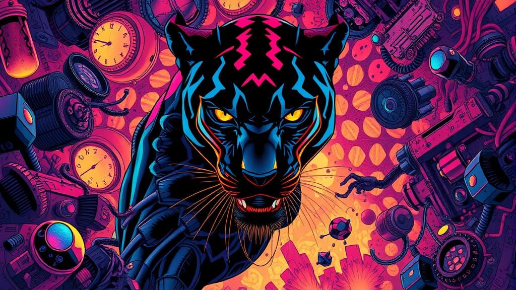Vibrant Biomechanical Panther Artwork in Digital Painting St...