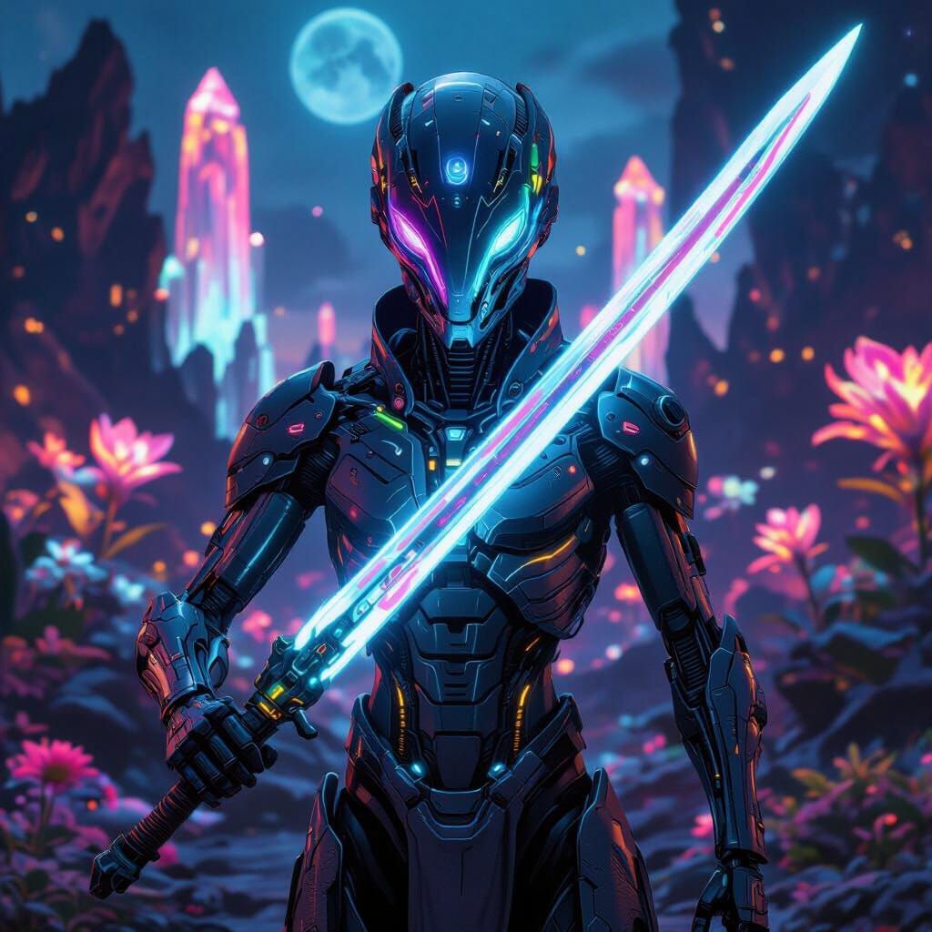 Cybernetic Alien Warrior with Plasma Sword on Alien World