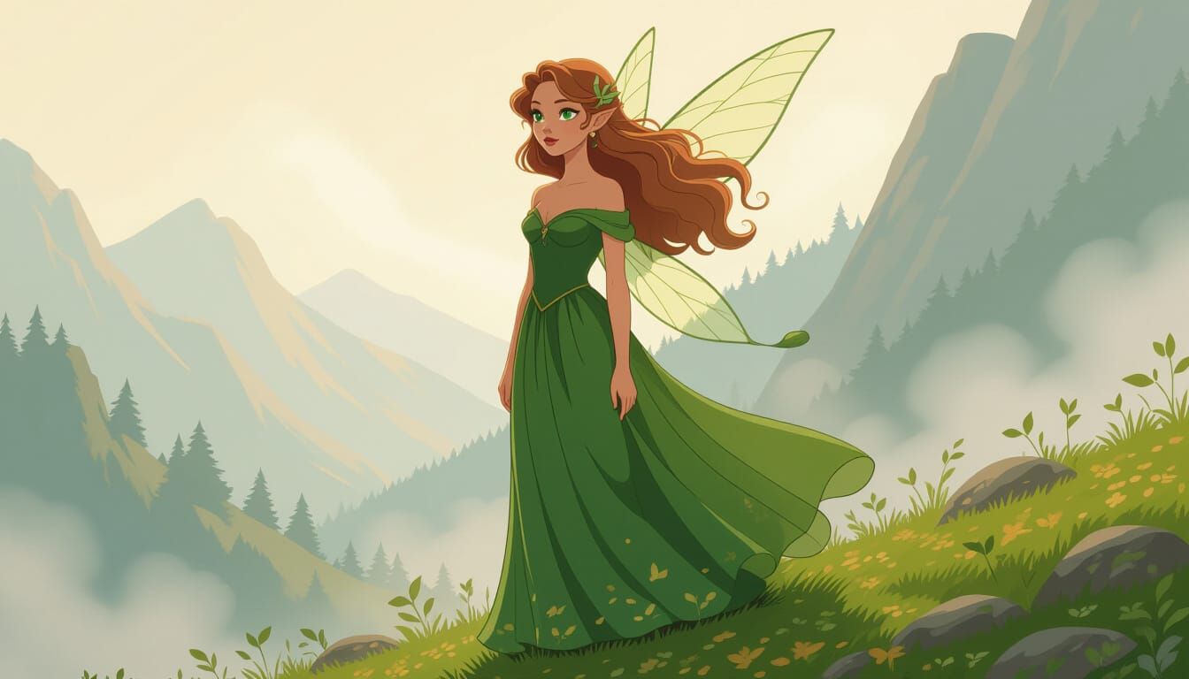 Delicate Fairy on Misty Mountain Slope in Dreamy Style