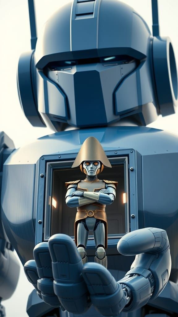 Monumental Blue Robot with Small Robot in Napoleon Pose