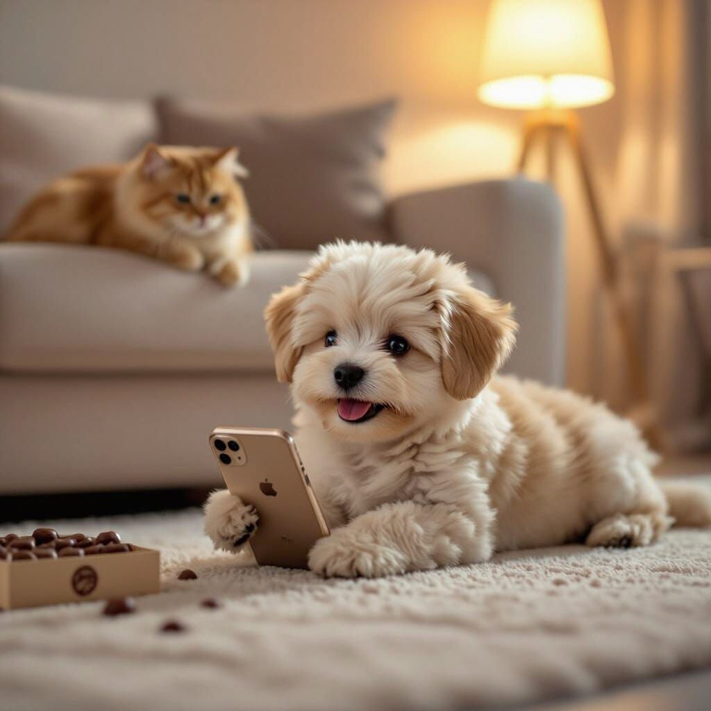 Joyful Maltese Puppy with iPhone, Cat Eats Candy
