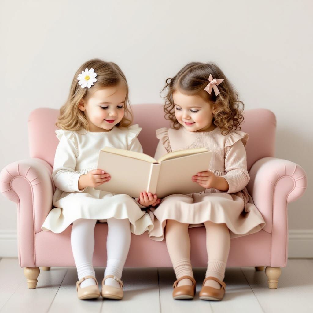 Two Young Girls Read Book on Pink Sofa in Soft Realistic Sty...