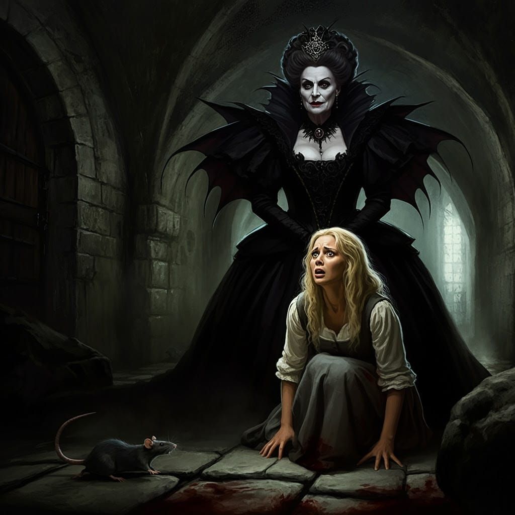 Surreal Impressionist Horror Scene of Woman in Dungeon Confr...