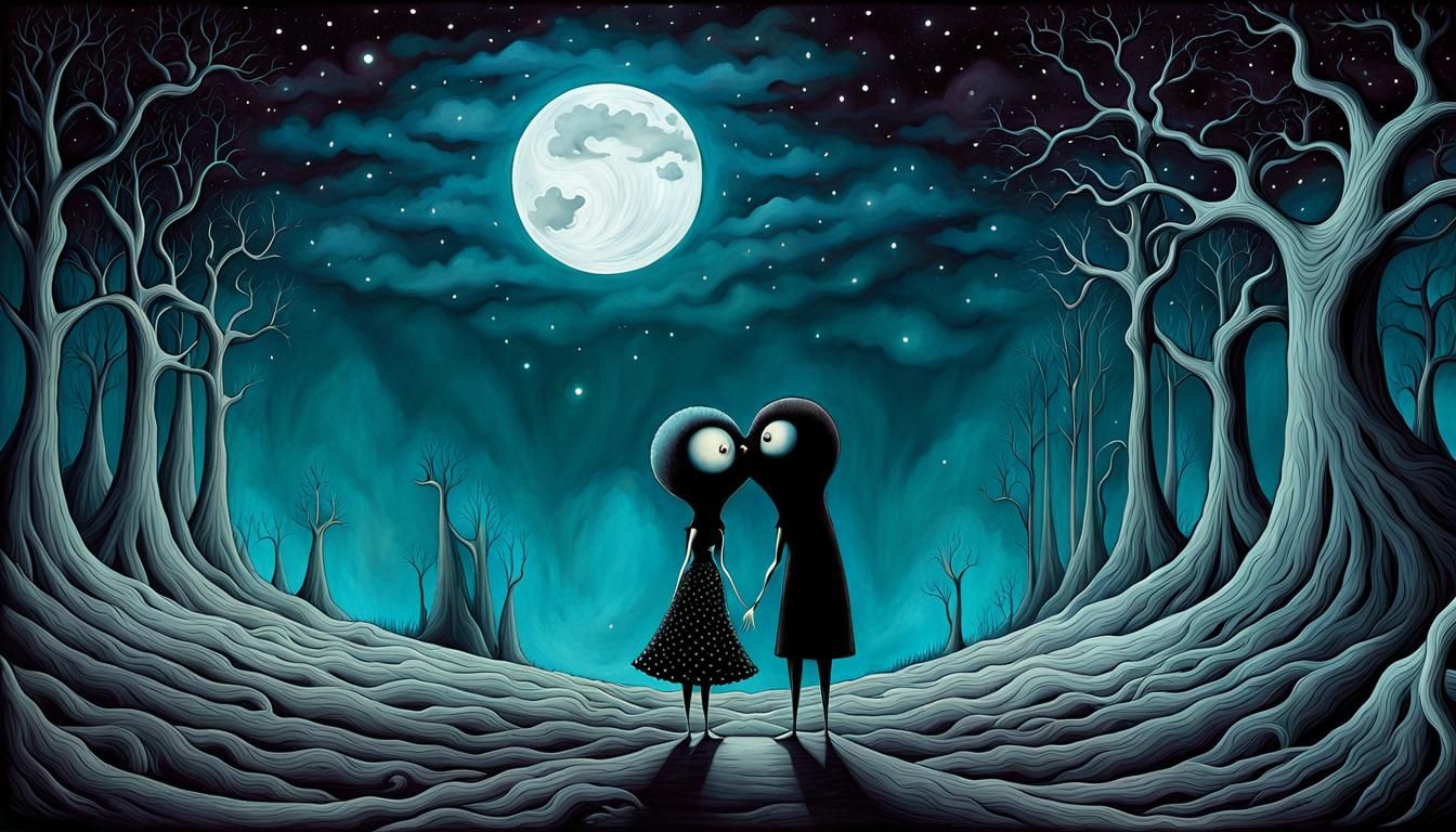 Surreal Kiss in Desolate Land: Whimsical Abstract Art