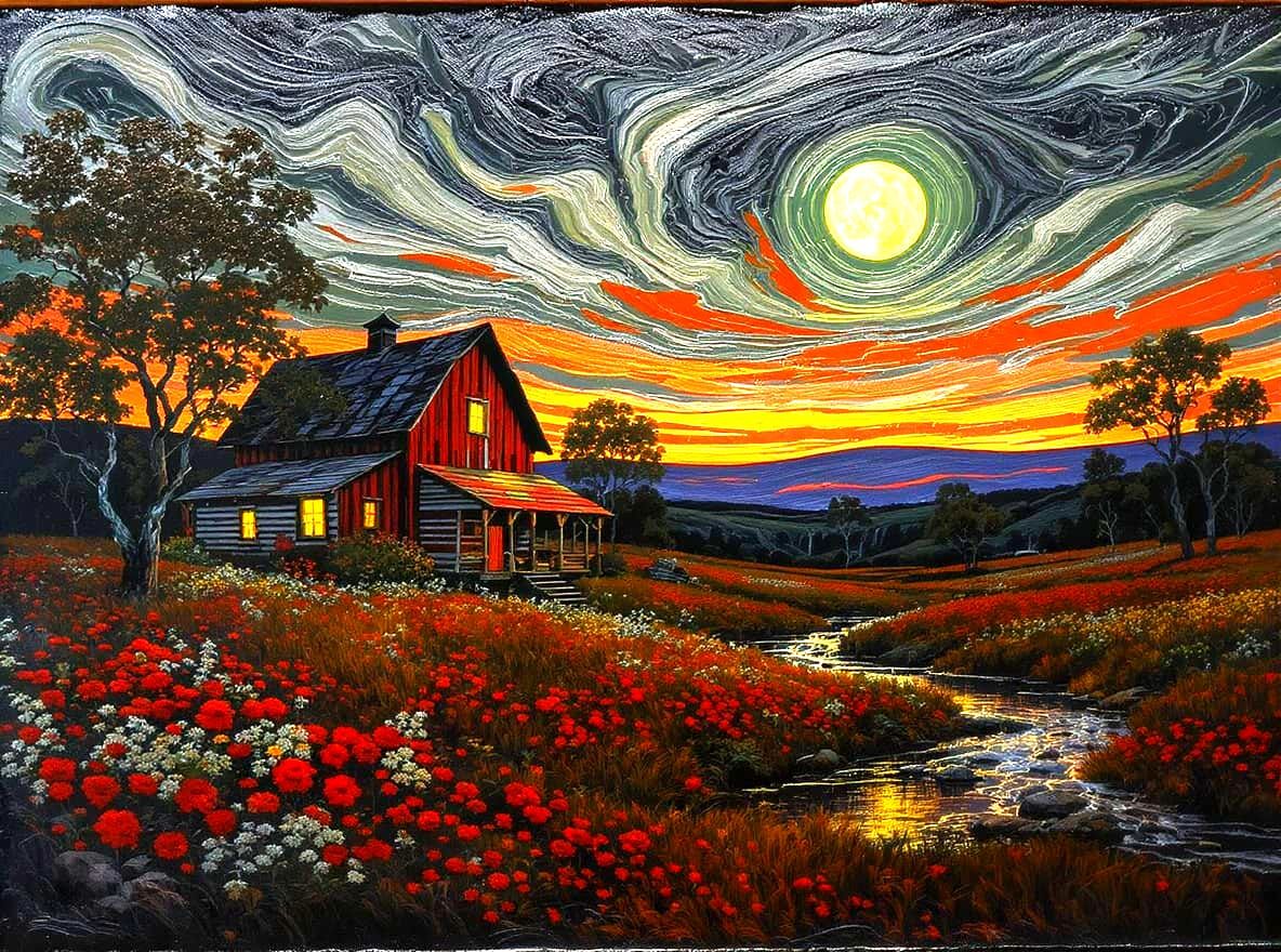 Encaustic Impasto Farmhouse at Dusk