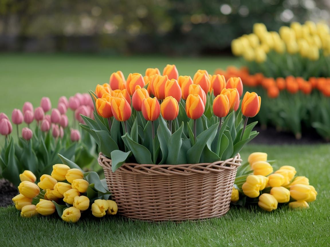 Vibrant Spring Garden Scene with Orange Tulips