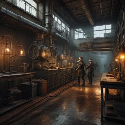 Steampunk Workshop: Woman Assembling Sword Machine