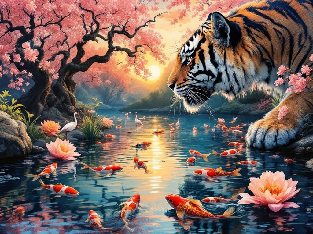 Tiger and Koi Pond in Anime Style