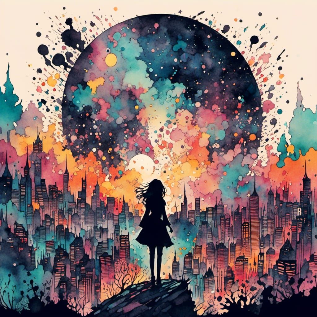 Witch Silhouette Over City Fireworks in Inkpunk Style