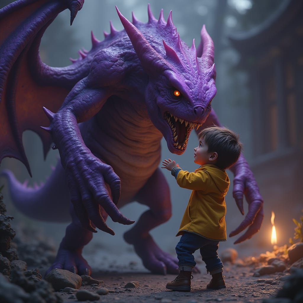 Monster Plays with Boy in Dark Fantasy World