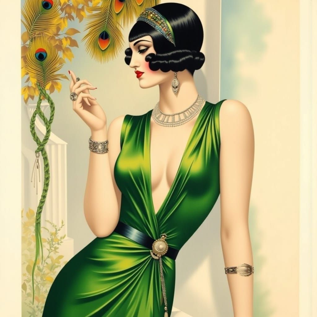 Art Deco Flapper Woman in Emerald Dress