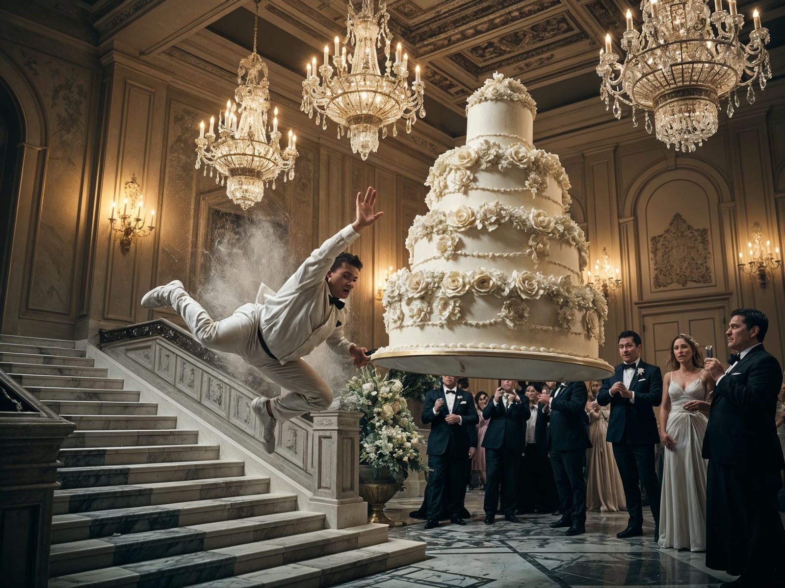 Chaos at a Grand Wedding: Baker Falls with Airborne Cake