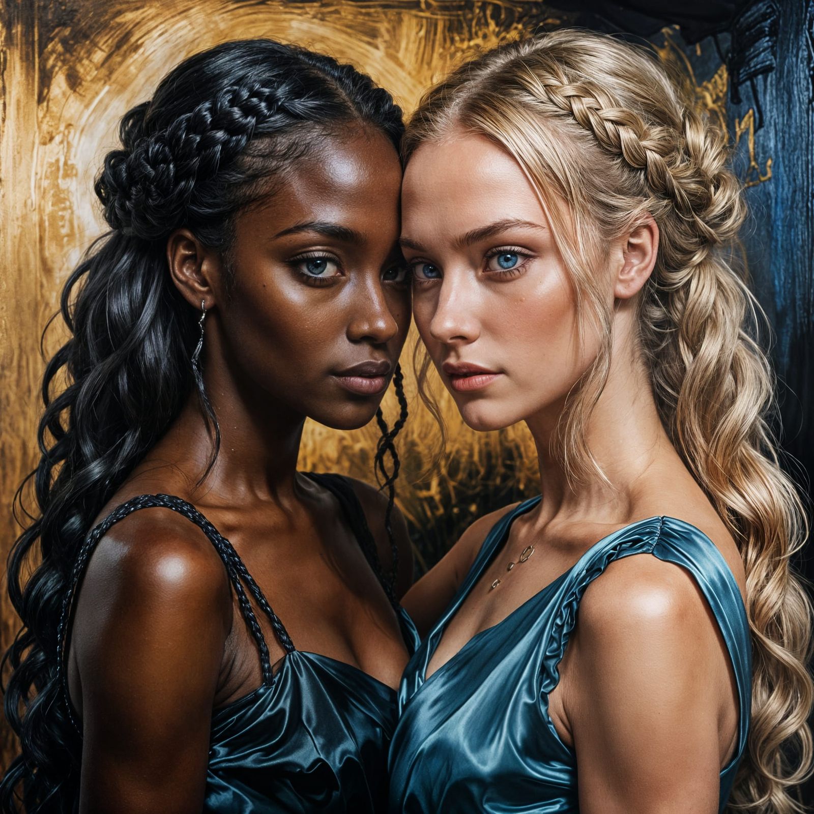 Ebony and Blonde Women in Gothic Setting as Oil Painting