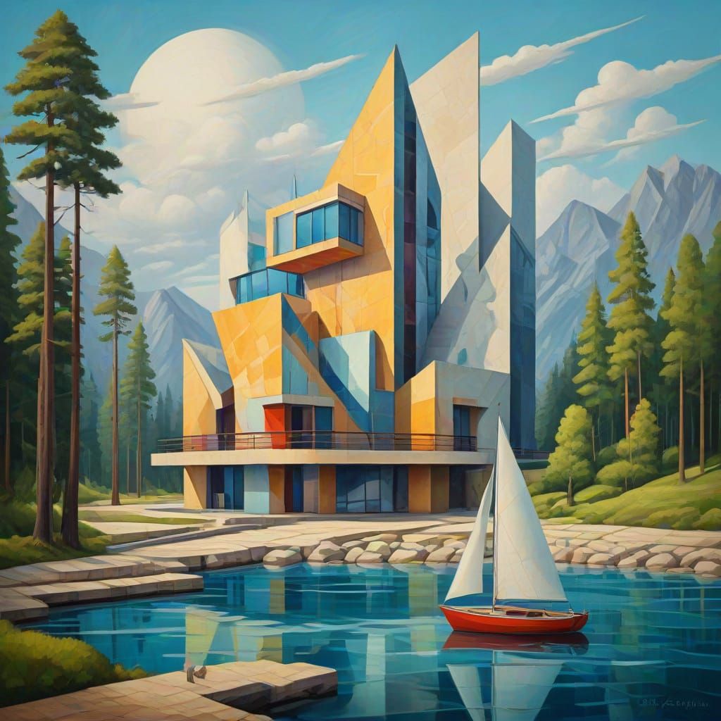 Cubist Cabin on Riverbank with Sailboat