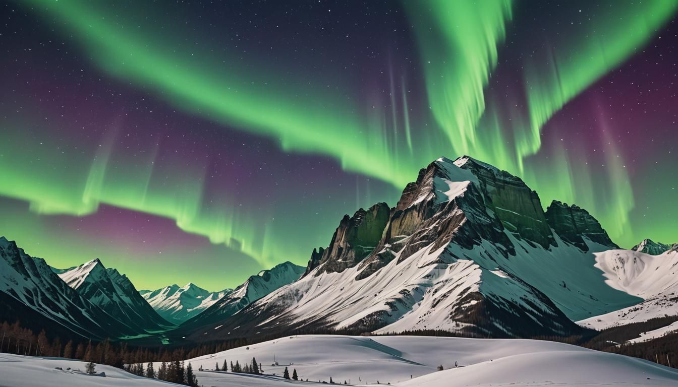 Aurora Borealis Over Snowy Mountains in Retro Style