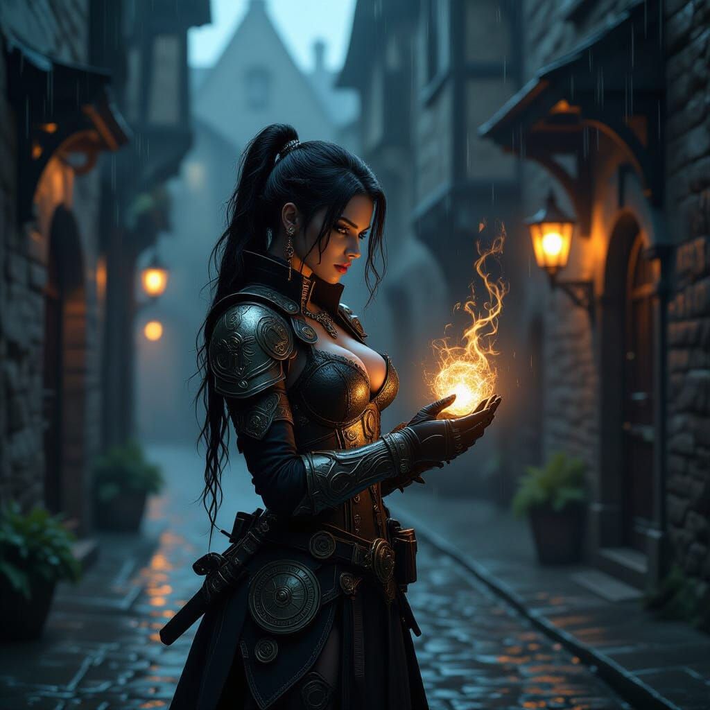 Steampunk Warrior Woman in Rainy Alleyway with Arcane Device
