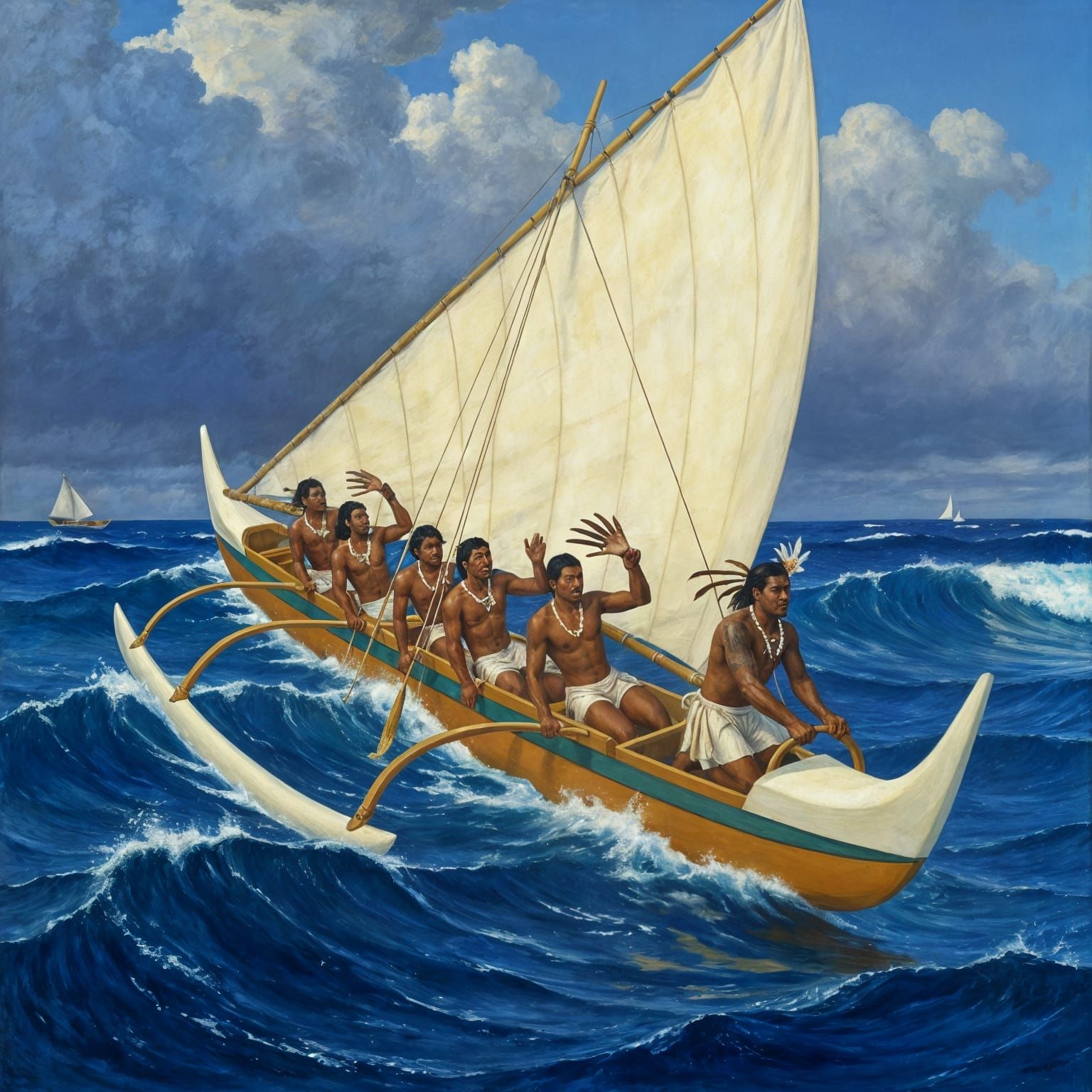 Outrigger Canoe Navigates Pacific Swells in Post-Impressioni...