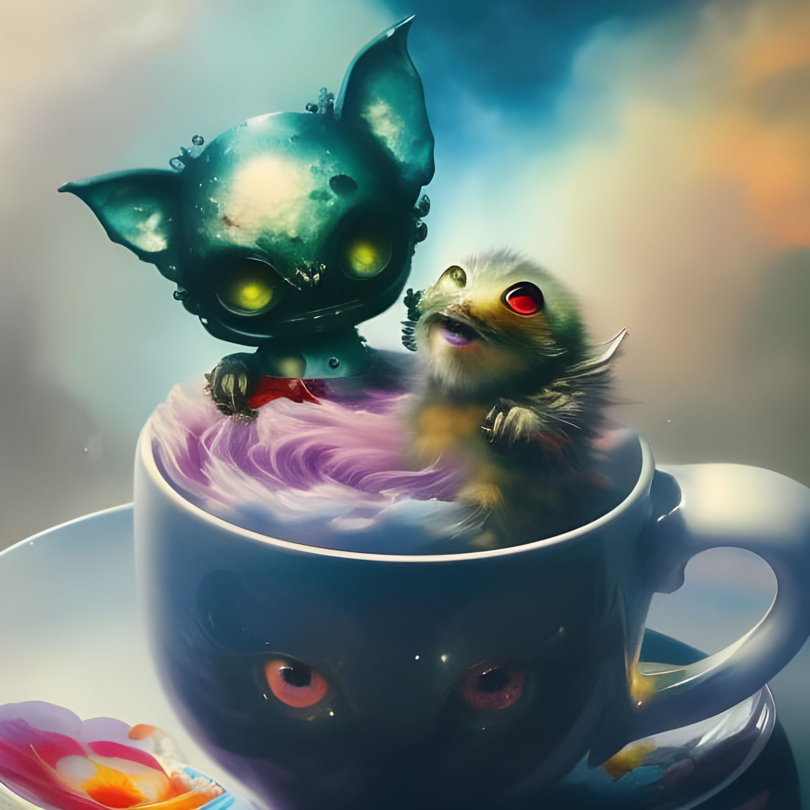 Fluffy Alien Baby in Teacup: Hyperrealistic Art