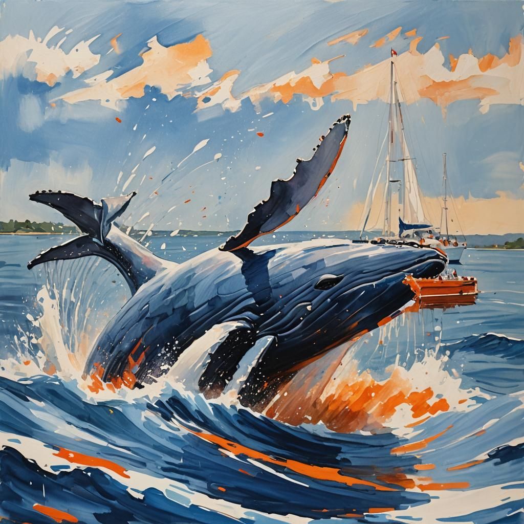 Whale Leaps: Impressionist Gouache Painting in Orange and Bl...