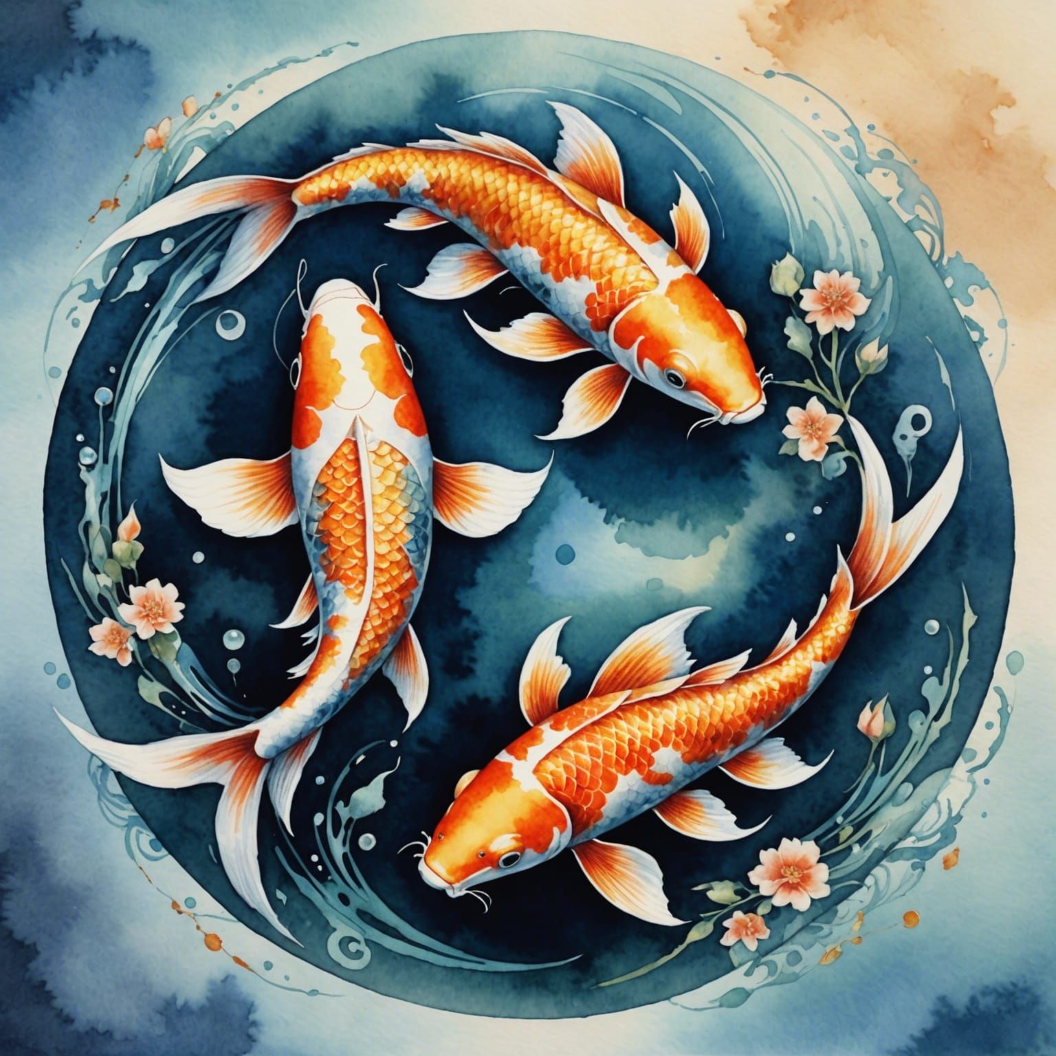Whimsical Watercolor Koi Carp Yin Yang