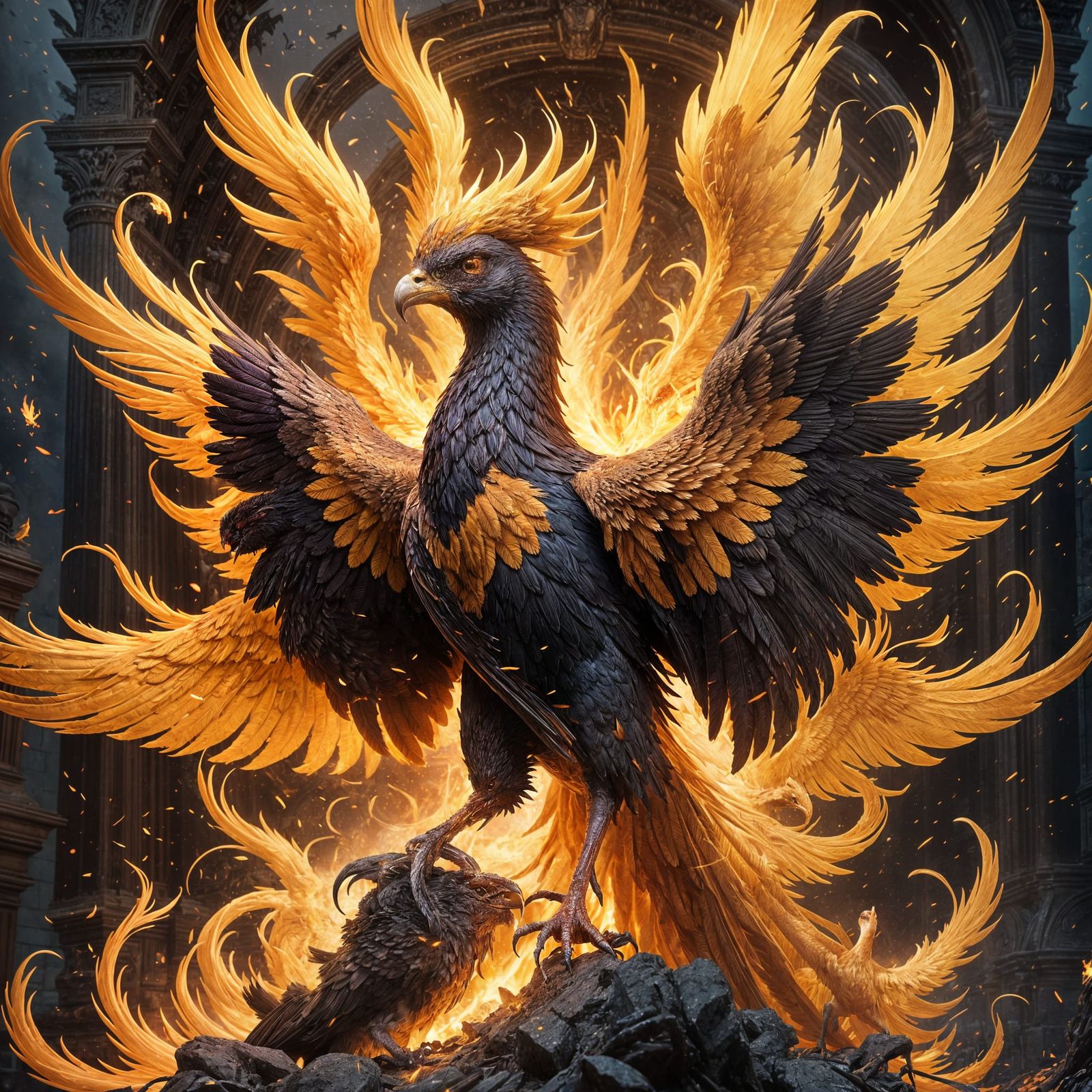Surreal Phoenix Ascends Amidst Ashy Vapors in Dark Fantasy M...