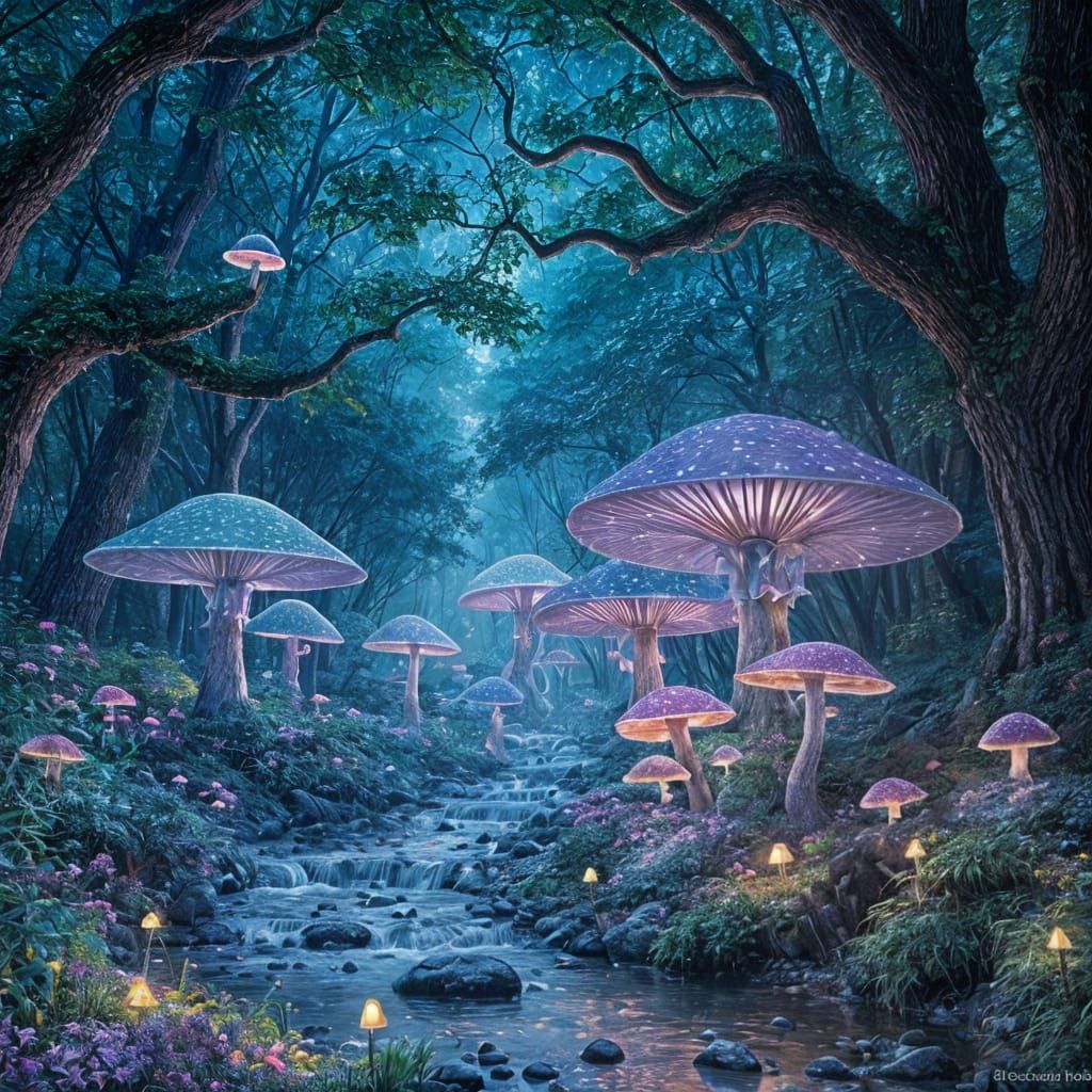 Enchanted Bioluminescent Forest at Twilight: Ghibli Style