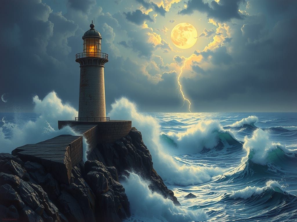 Lighthouse on Cliff During Storm with Lightning