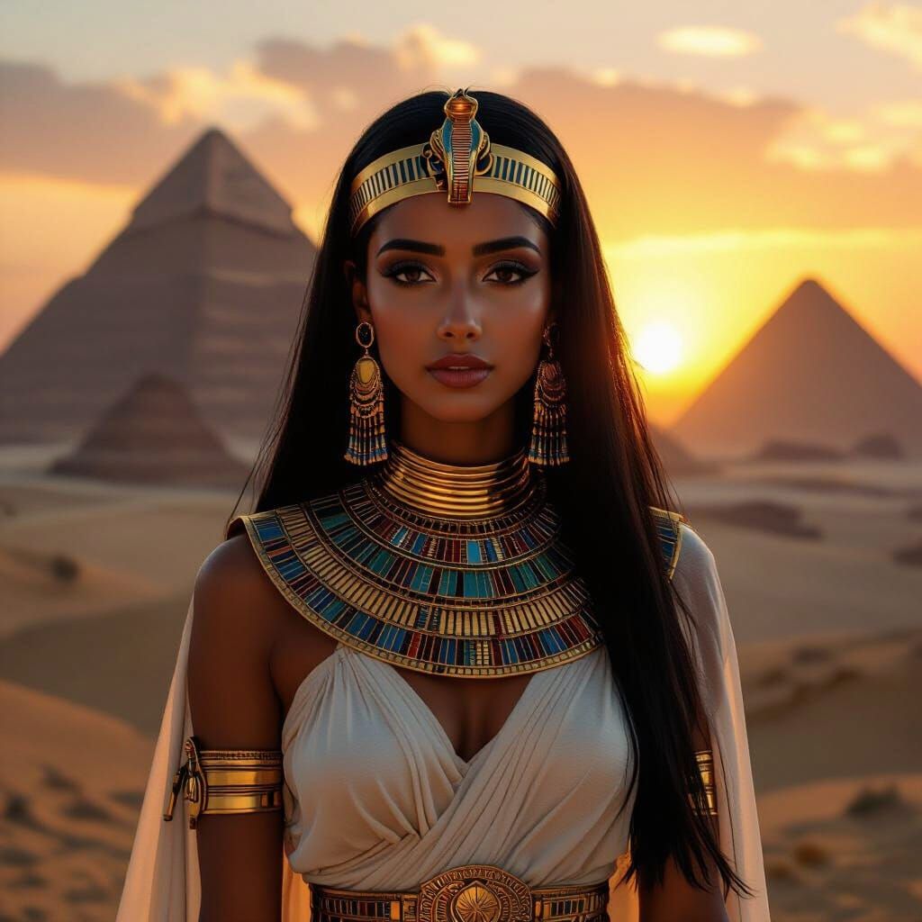 Pharaoh Girl at Giza Pyramids at Sunset