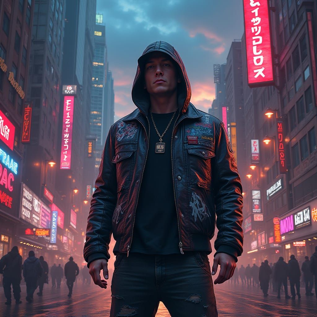 Cyberpunk Eminem in Dystopian Cityscape