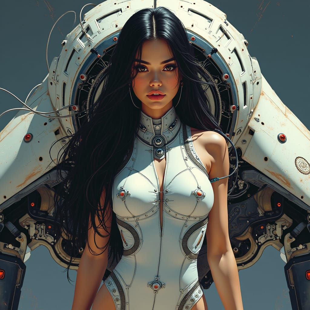 Woman Merges with Spaceship in Cyberpunk Art Style