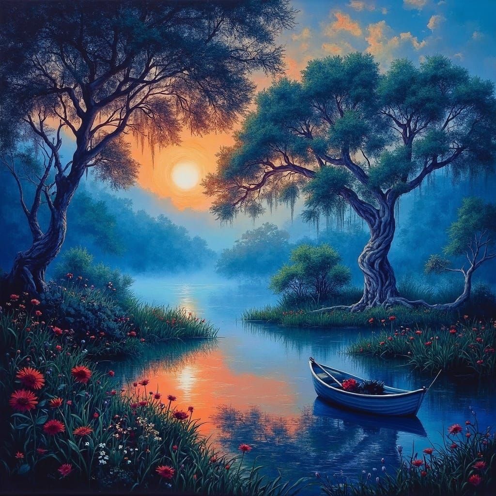 Majestic Jackdaw at Blue Moonlit Swamp River