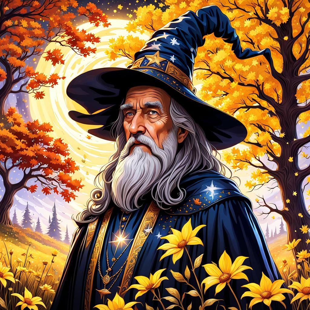 Autumn Wizard in Gothic Watercolor Landscape