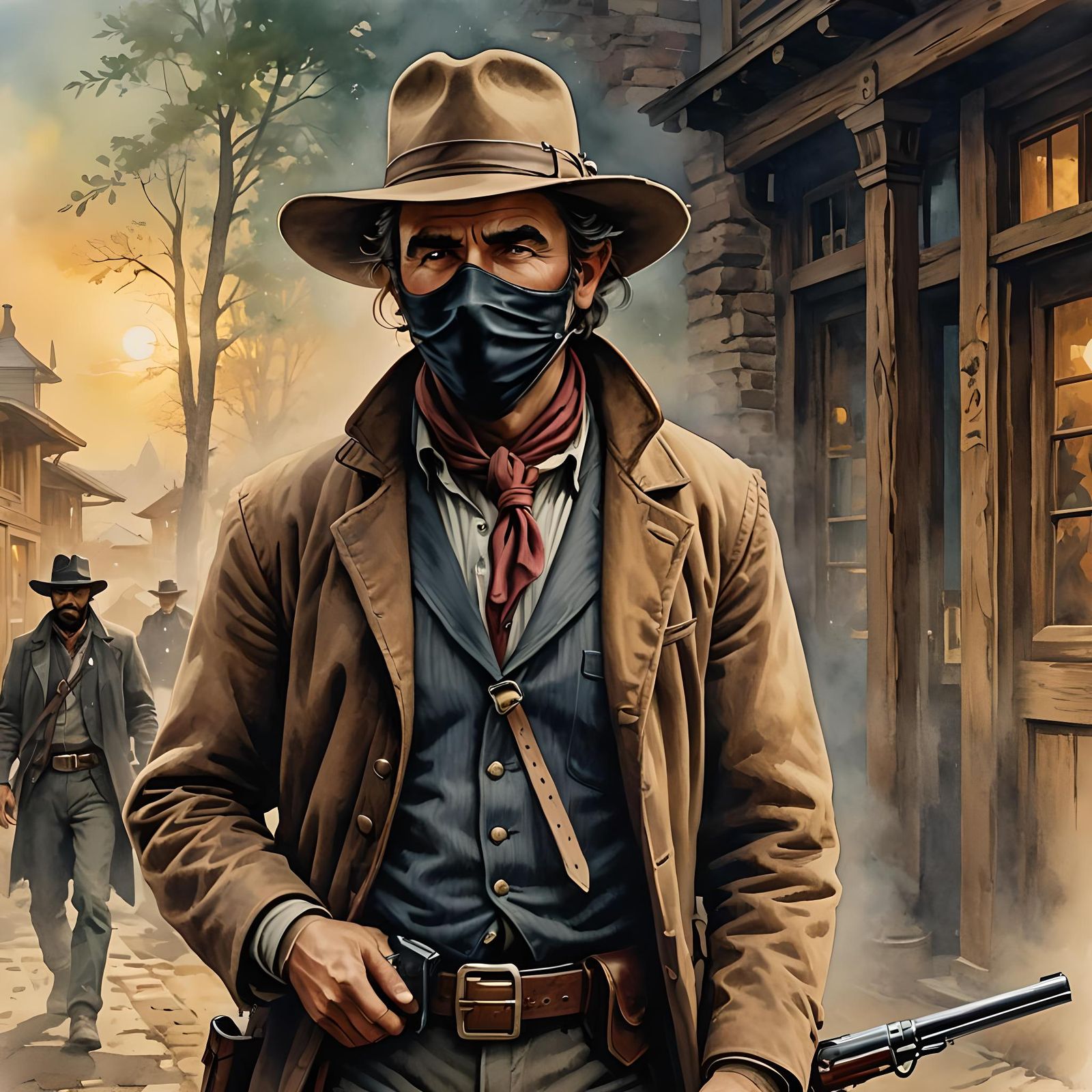 Masked Bandit in Old West Watercolor Illustration