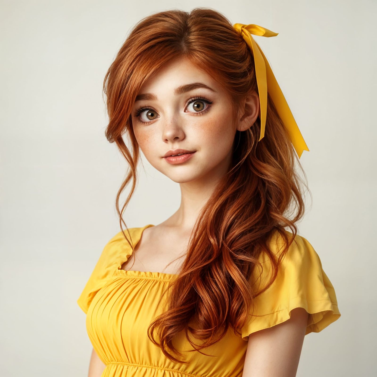 Photorealistic Portrait of Woman with Red Hair and Yellow Dr...