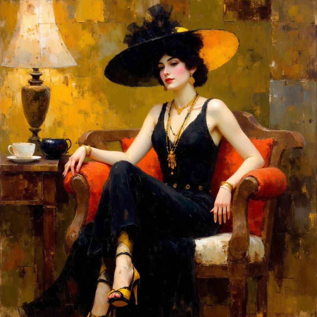 1920s Flapper in Luxurious Black and Gold Art Deco Parlour