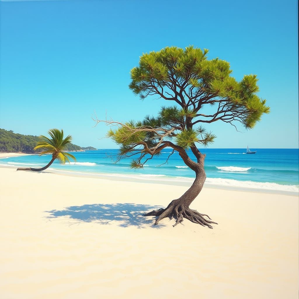 Impressionist Beach Scene with a Twisted Tree and a Distant ...