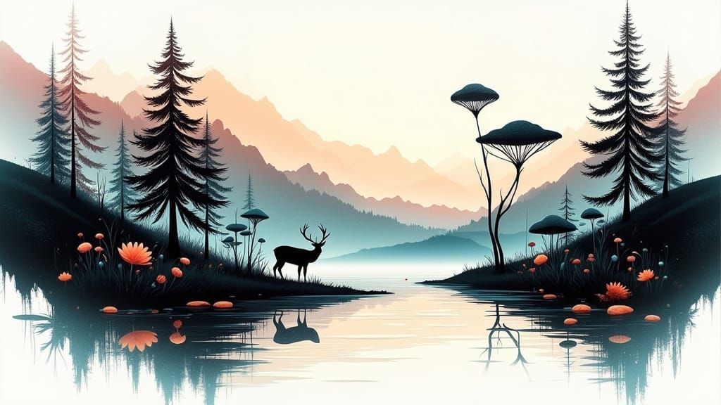 Surreal River Landscape in Vibrant Splash Art Style