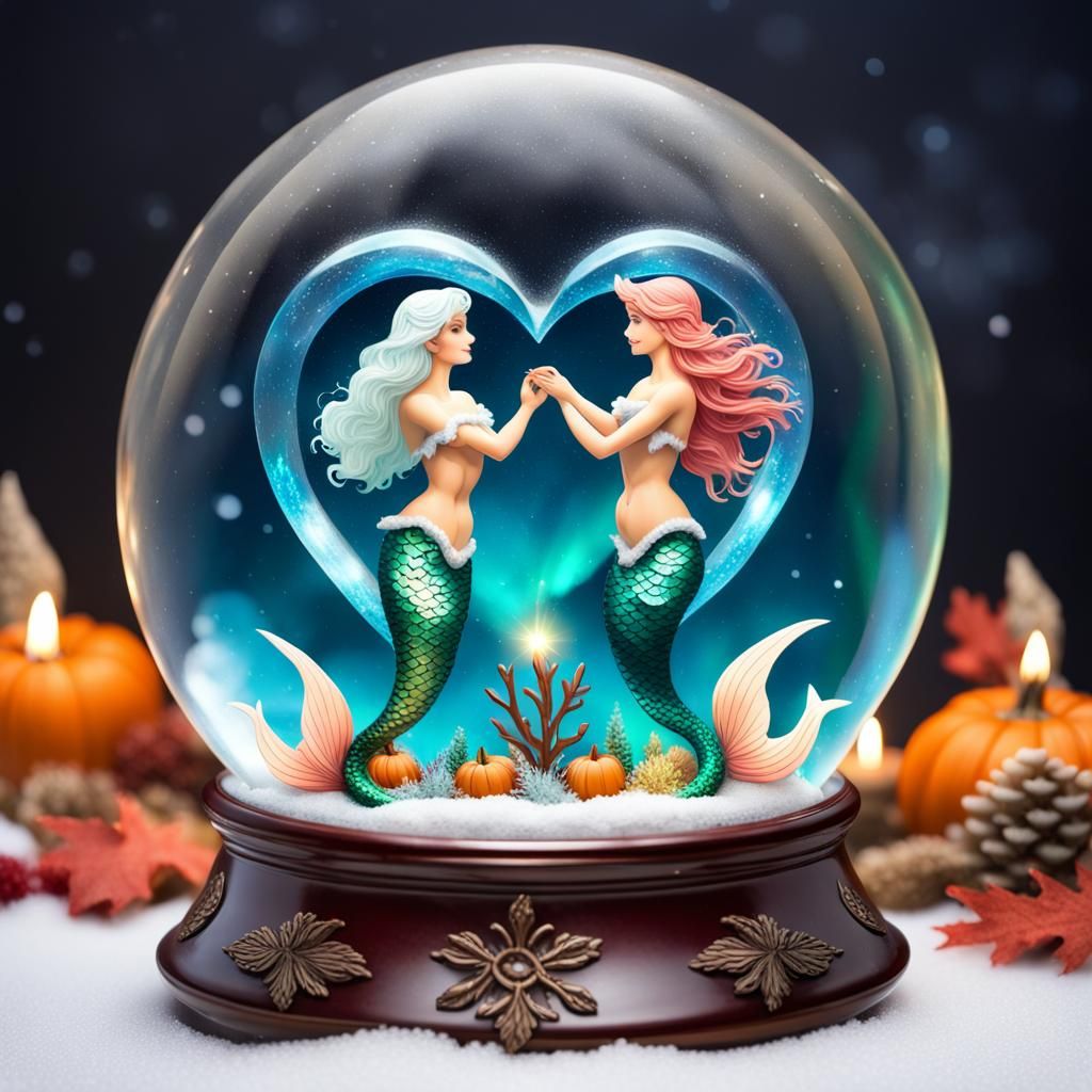 Aurora Borealis Mermaid and Merman in Snow Globe