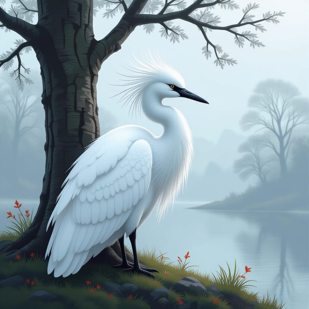 Elegant White Bird in Misty Winter Landscape